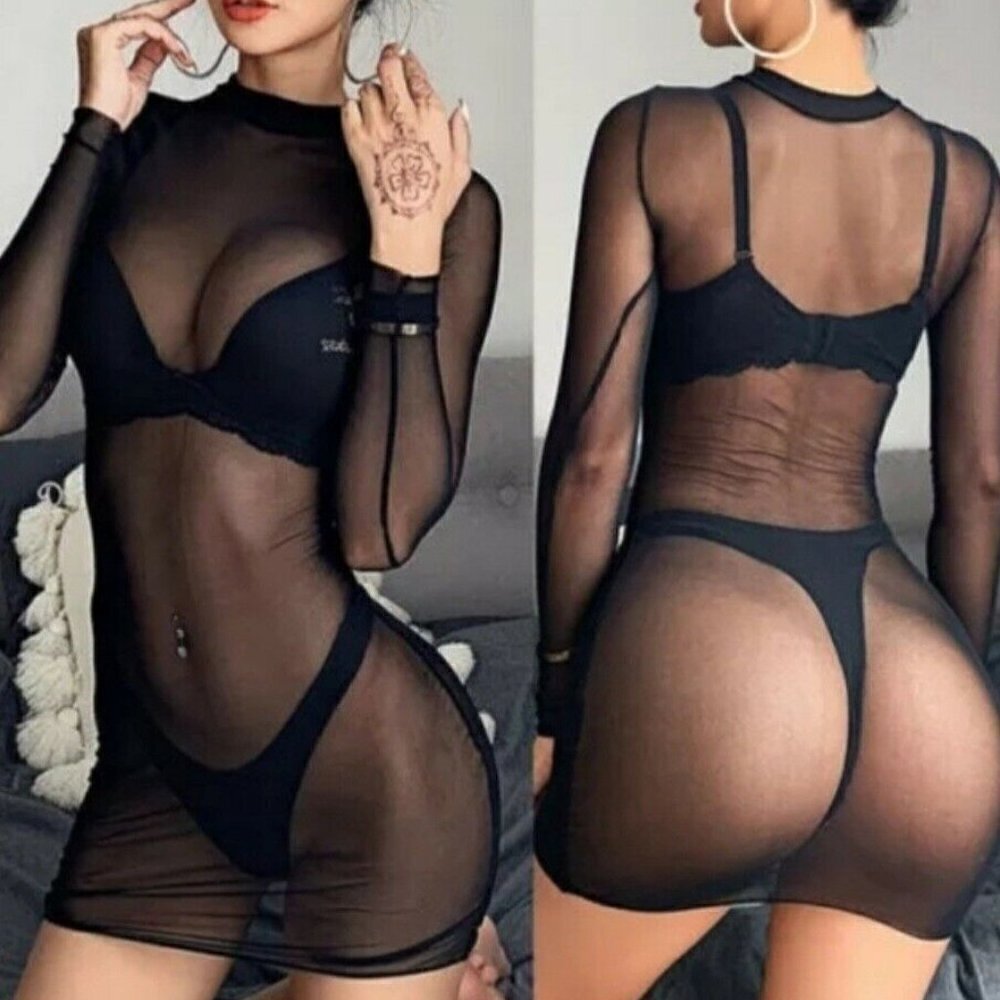 Mesh Dress See Through-Beach Bikini Cover Up Black Festival Rave